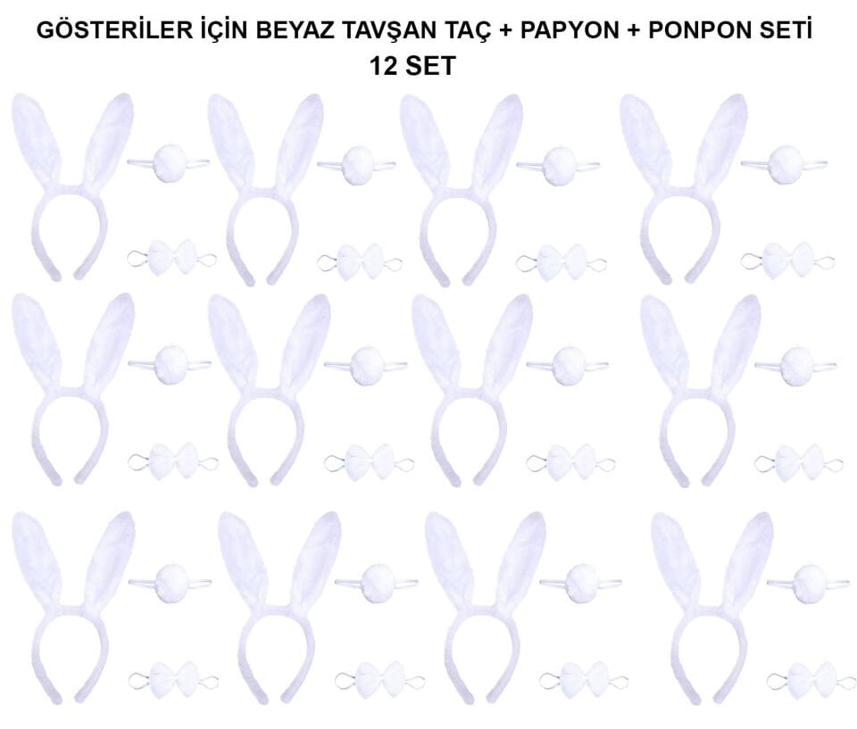Beyaz Tavşan Kostüm Seti – Taç, Papyon, Kuyruk (12’li Paket)