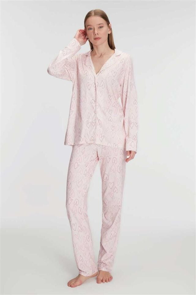Anıl 11291 Kadın Uzun Kol Pamuklu Modal Gömlek ve Pantolon Takım Pijama Takımı