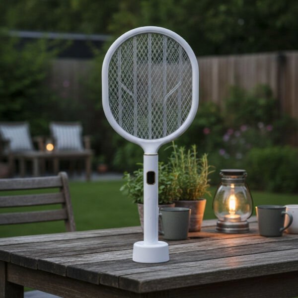 USB Şarjlı Standlı Şarj Göstergeli UV Işıklı Beyaz Sinek Öldürme Raketi