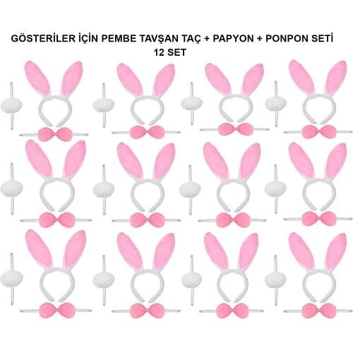 Pembe Tavşan Kostüm Seti – Taç, Papyon, Ponpon (12’li Paket)