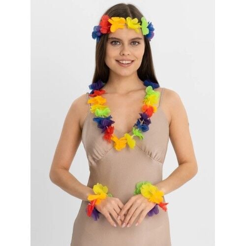 Rengarenk Hawaii Kolye Taç Bileklik Seti