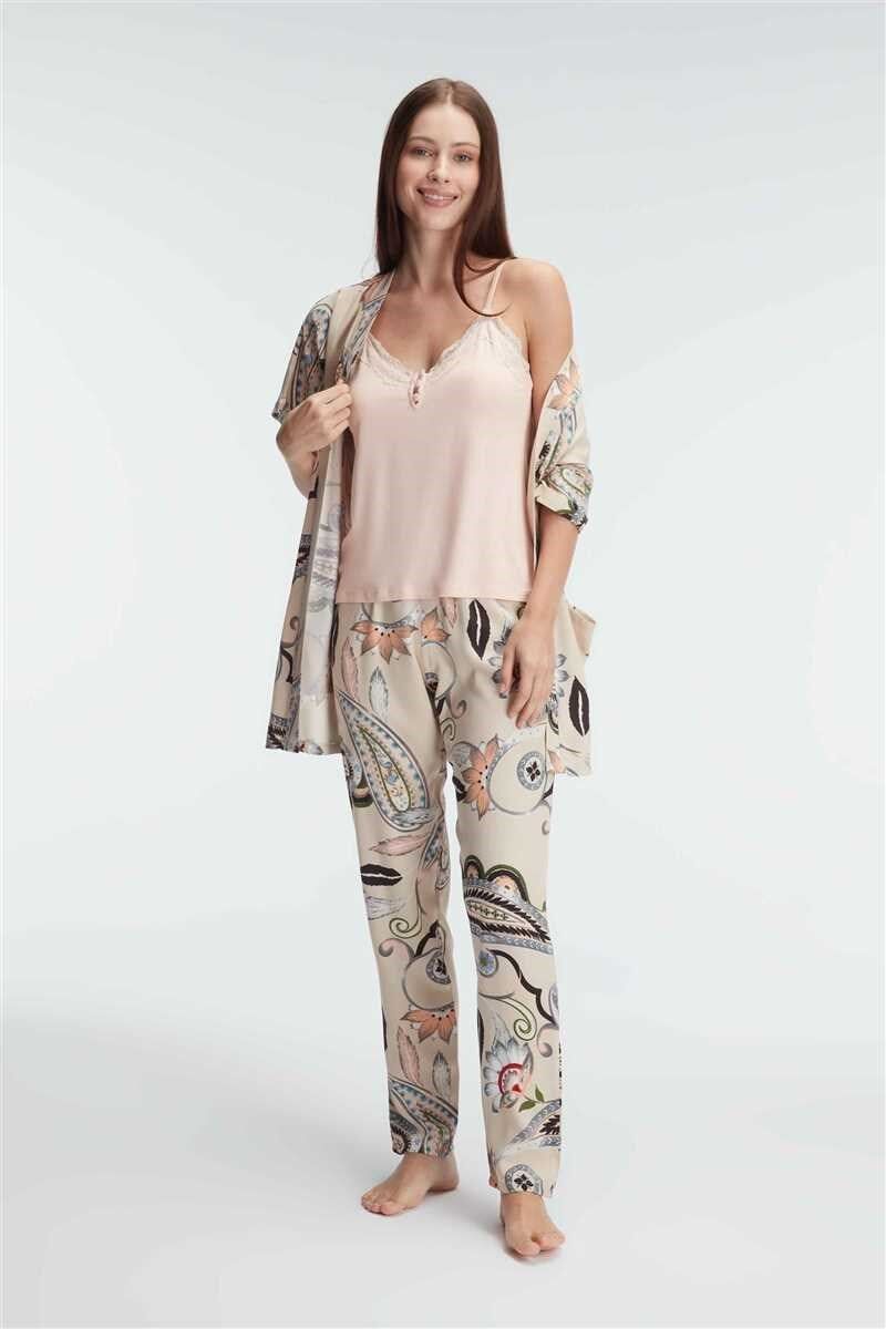 Anıl 5840 İp Askılı V Yaka KADIN Viskon Çiçek Desenli Yazlık Dantel Detaylı Pijama Takımı Sabahlık