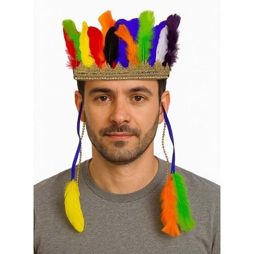 Rengarenk Tüylerle İşlenmiş Lastikli Kızılderili Başlığı