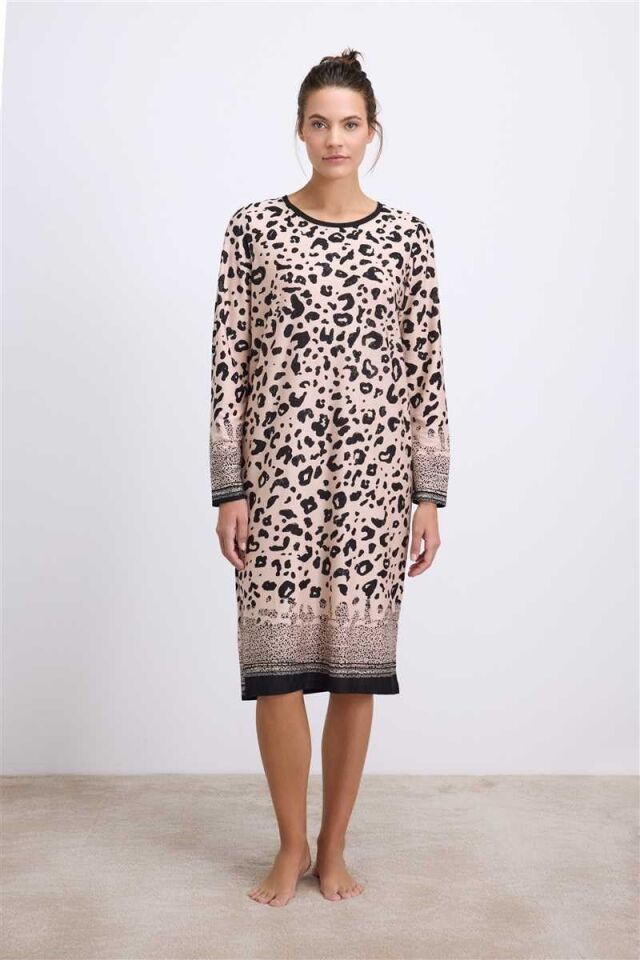 Anıl Kadın Uzun Kollu Leopar Desenli ve Doğal Dokulu Gecelik (11539)