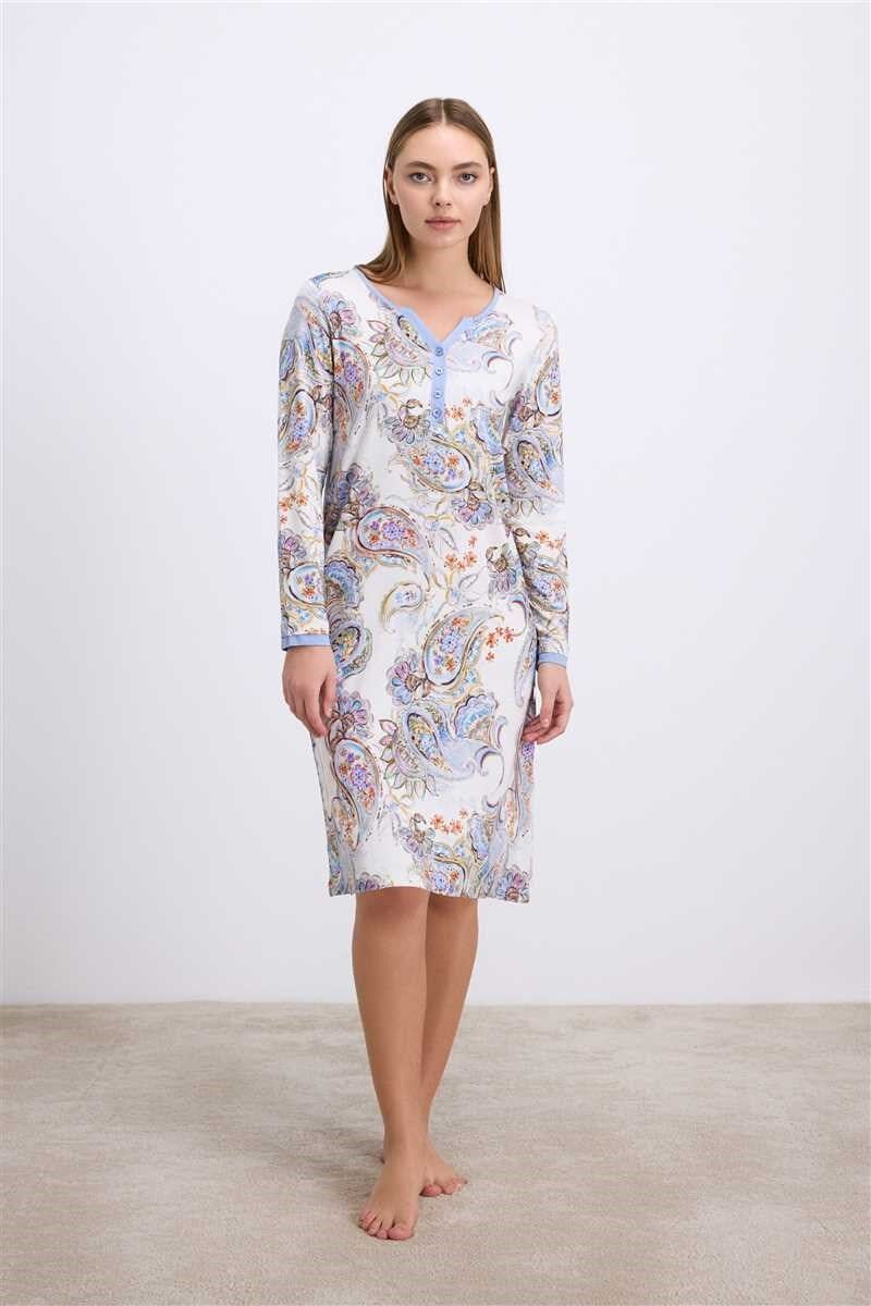 Anıl  Kadın Desenli Uzun Kollu Viskon Gecelik – Düğme Detaylı, Yumuşak ve Nefes Alabilen Kumaş 11570