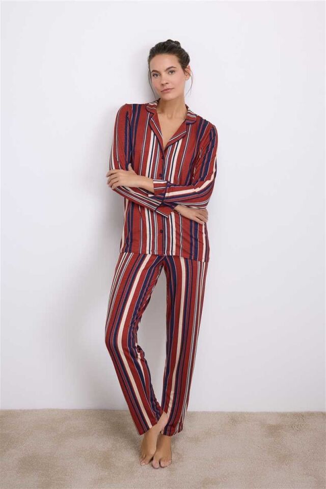 Anıl Kadın Uzun Kollu Düğmeli Çizgili Pijama Takımı 11578
