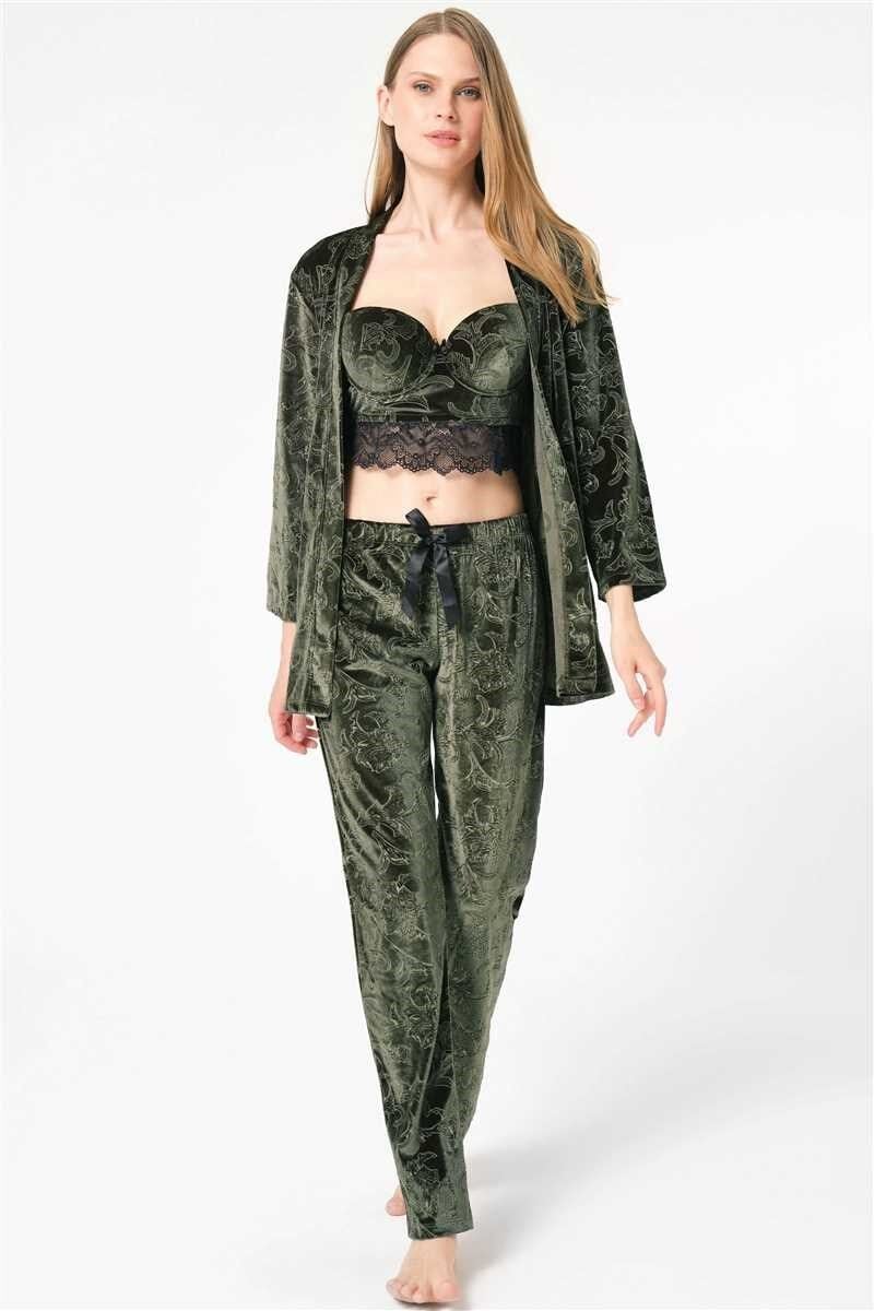 Kadın Kadife Çiçek Desenli Sabahlık Balenli Destekli Dolgulu Dantelli Büstiyer Sütyen ve Pantolon Pijama 3'lü Takım (5632)