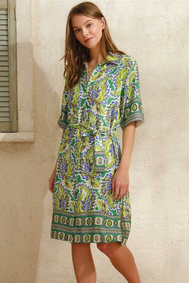 Kısa Yarım Kol V Yaka Kadın Viskon Çiçek Desenli Yazlık Uzun Elbise Anıl 5758