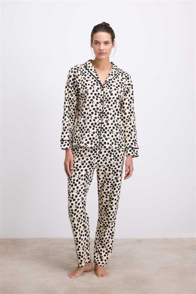 Anıl Kadın Uzun Kollu Gömlek Yaka Leopar Desenli  %100 Pamuk Pijama Takımı 11550