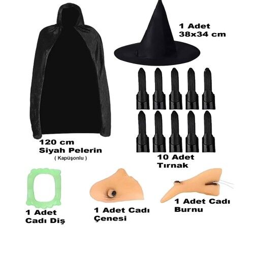 Siyah Kapüşonlu Pelerin 120 cm Tırnaklar Diş Çene Burun ve Şapka Seti