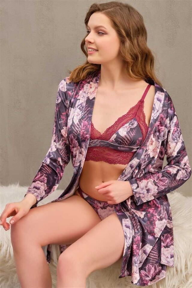Kadın Kadife Çiçek Baskılı Sabahlık Balensiz Desteksiz Dolgusuz Dantelli Bralet Sütyen ve Slip 3'lü Takım (5553)