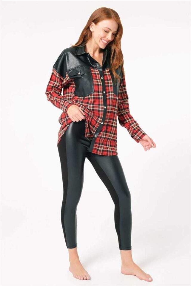 Kadın Pamuklu Ekose Çıtçıtlı Uzun Kol Cepli Gömlek ve Deri Görünümlü Tayt Takım (9762)