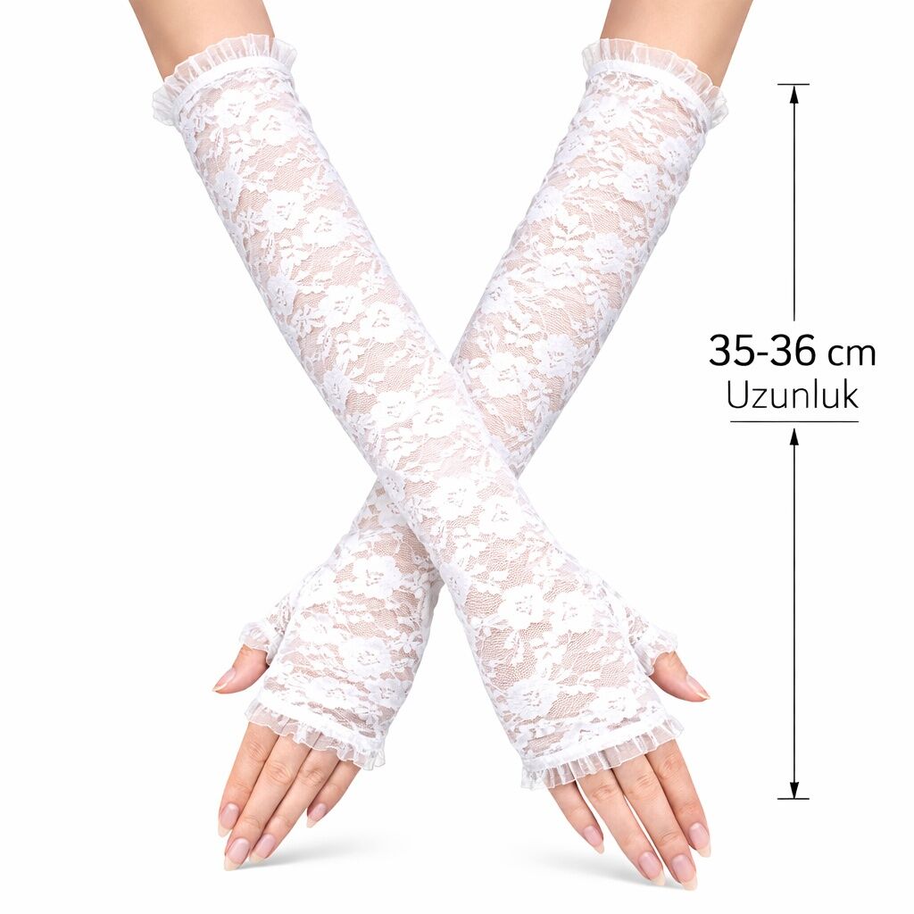 Uzun Zarif Dantel Eldiven Parmaksız Beyaz