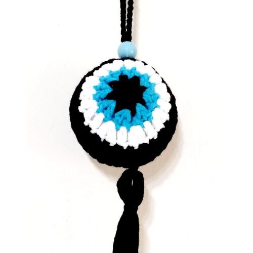 Nazar Boncuğu Desenli Püsküllü Orlon İpten Siyah Araba Süsü