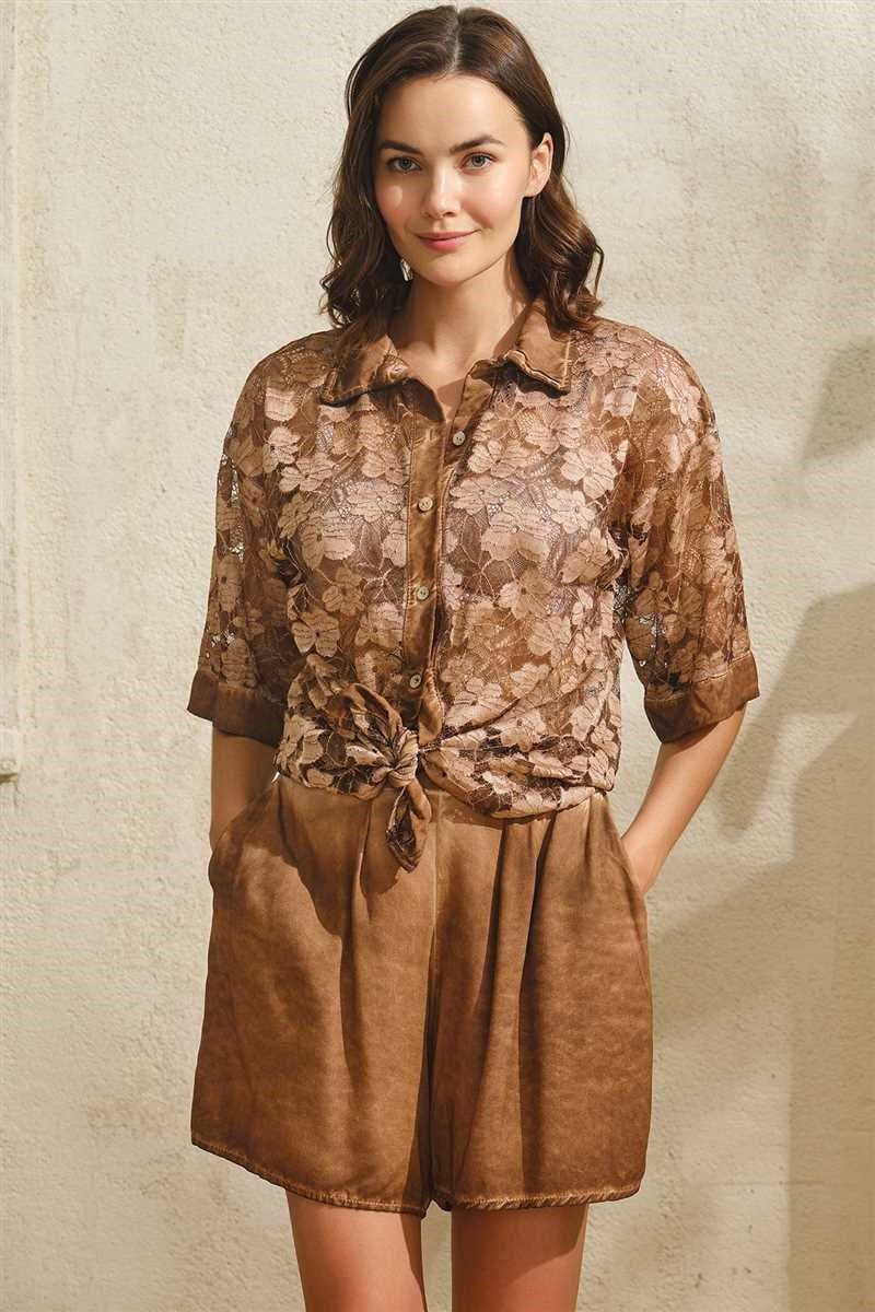 Kısa Yarım Kol V Yaka Kadın Çiçek Desenli Yazlık Mini Transparan Tül Detaylı Pijama Takımı Anıl 9835