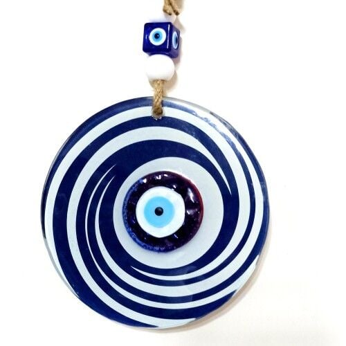 Nazar Boncuklu Lacivert Ve Beyaz Renkli Füzyon Cam Duvar Süsü