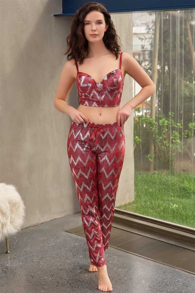 Kadın Kadife Balenli Destekli Dolgulu Parlak Baskılı Fermuar Detaylı Büstiyer ve Pantolon Pijama Takım (4178)