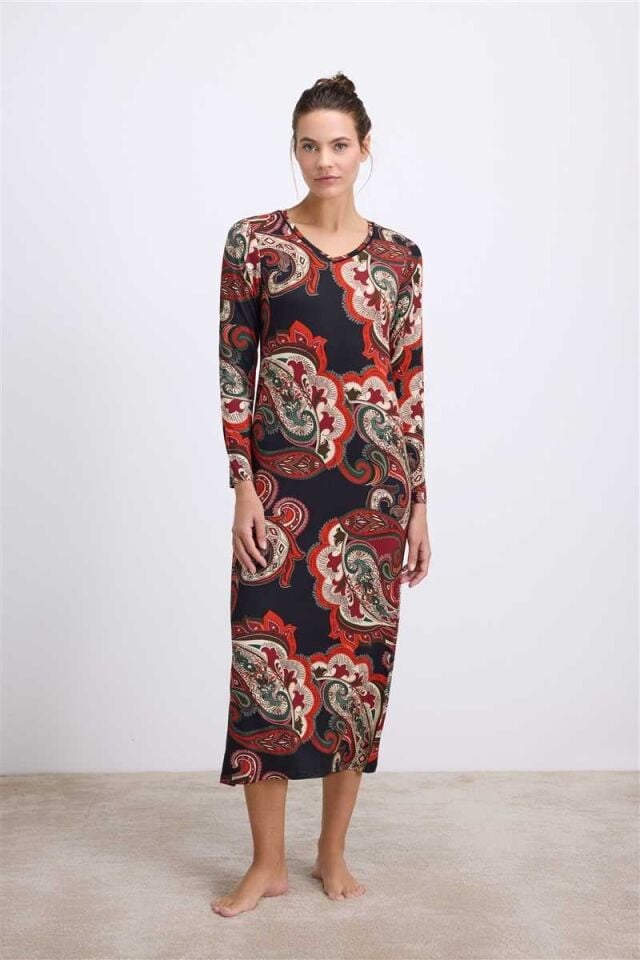 Anıl Kadın Desenli Uzun Kollu Midi Boy Elbise (11547)