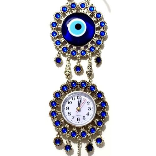 Nikel Zamak Kaplamalı Nazar Boncuklu Gümüş Rengi Mini Duvar Saati