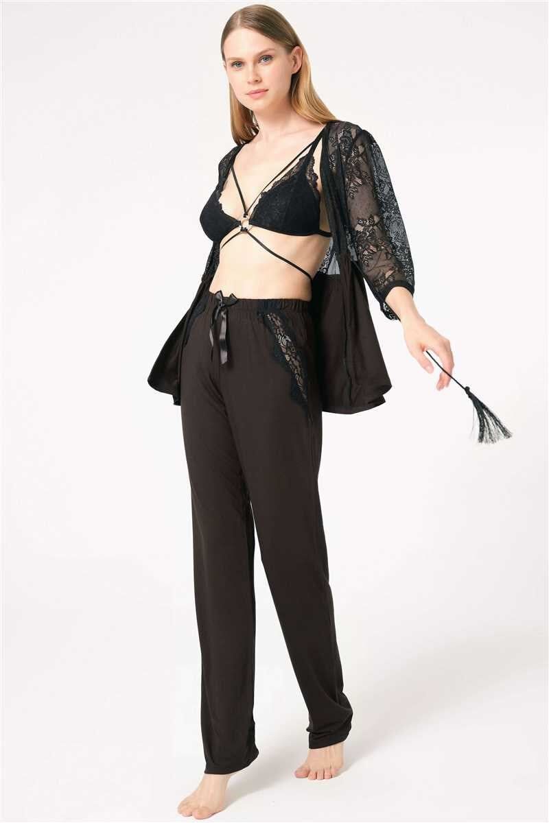 Kadın Dantelli Sabahlık Balensiz Desteksiz Dolgusuz Yaka Detaylı Sütyen ve Pantolon Pijama 3'lü Takım (5698)