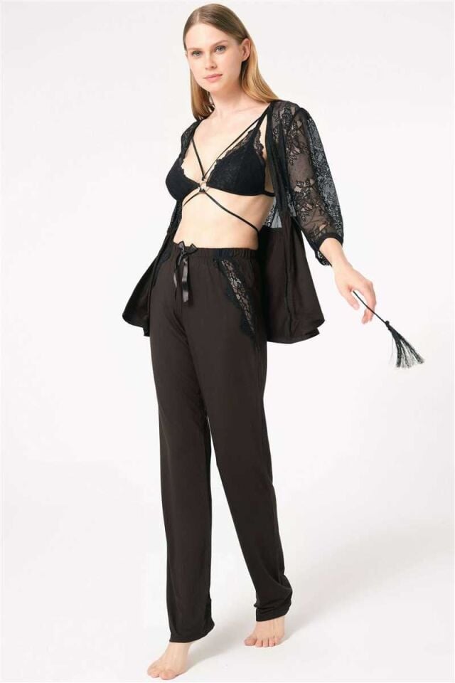 Kadın Dantelli Sabahlık Balensiz Desteksiz Dolgusuz Yaka Detaylı Sütyen ve Pantolon Pijama 3'lü Takım (5698)