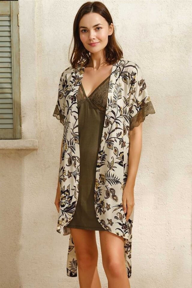 Kadın Dokuma Viskon Çiçek Baskılı Sabahlık ve Dantelli Kısa Gecelik Takım (5708)