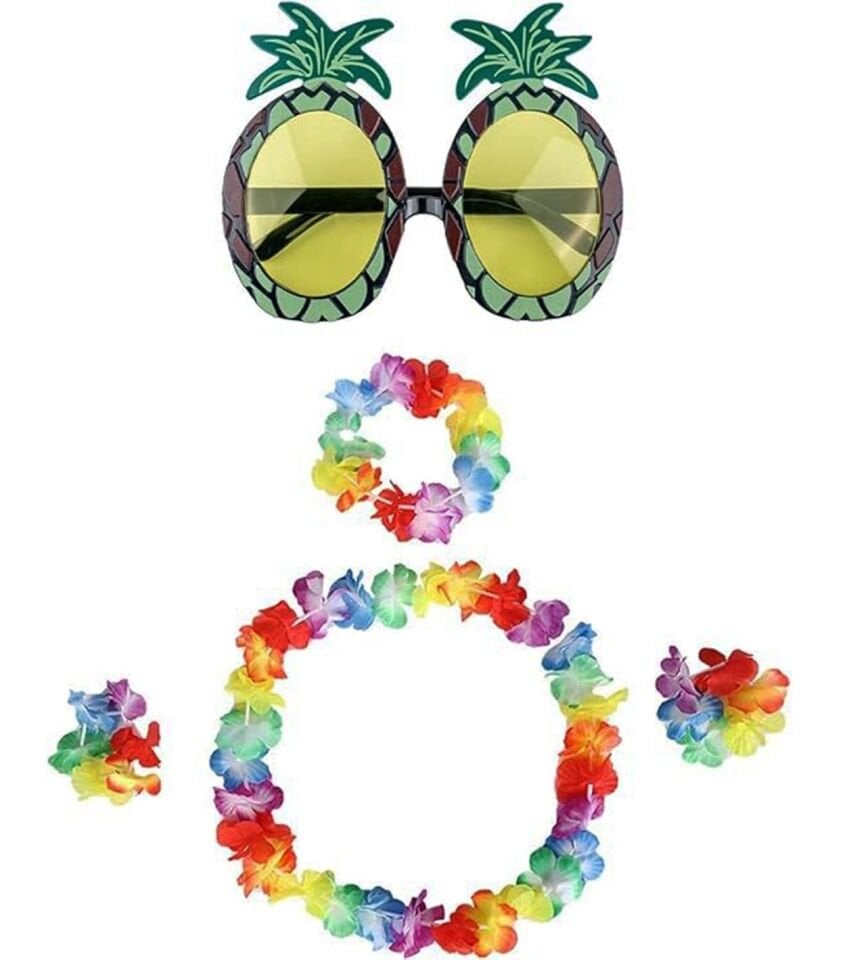 Renkli Ananas Gözlük, Taç, Kolye ve Bileklik Seti