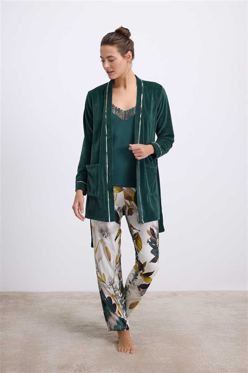 Anıl Kadın Kadife Sabahlık, Dantelli Atlet ve Desenli Pantolon Pijama Takım 11554