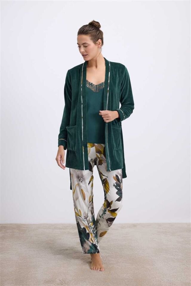 Anıl Kadın Kadife Sabahlık, Dantelli Atlet ve Desenli Pantolon Pijama Takım 11554