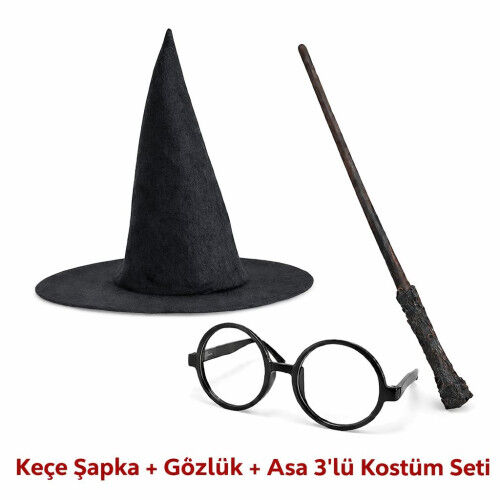 Harry Potter Tarzı Çocuk Seti (Siyah Keçe Şapka, Asa, Gözlük)