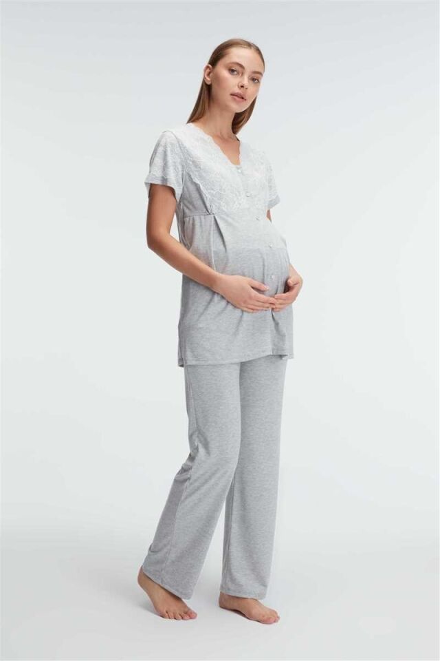 Anıl 11308 Kısa Kol V Yaka Kadın Polyester Elastan  Yazlık Örme Dantel Detaylı Hamile Pijama Takımı