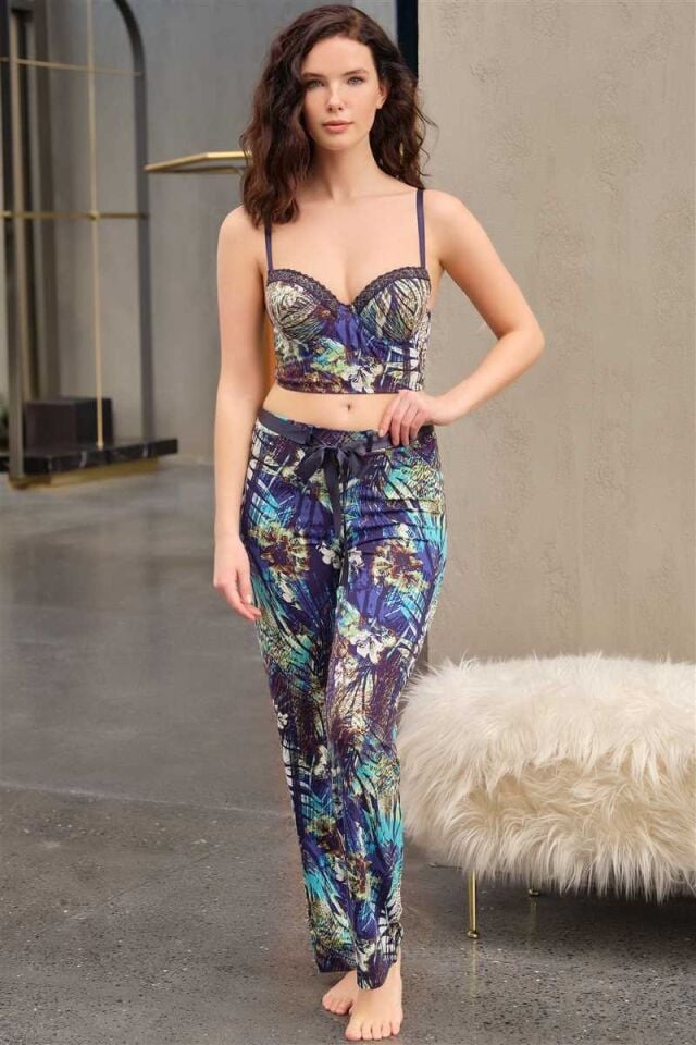 Kadın Viskon Balenli Destekli Dolgulu Baskılı Büstiyer ve Pantolon Pijama Takım (4152)