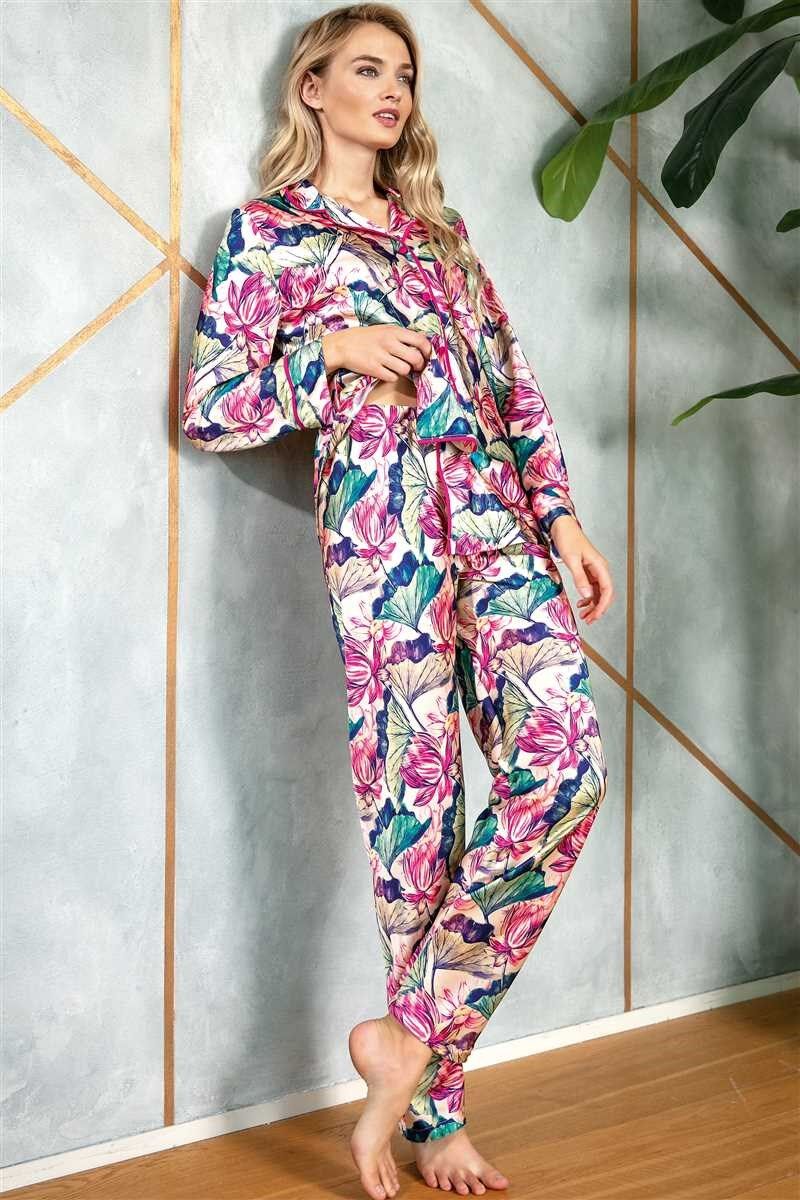 Kadın Saten Çiçek Baskılı Düğmeli Uzun Kol Gömlek ve Pantolon Pijama Takım (9724)