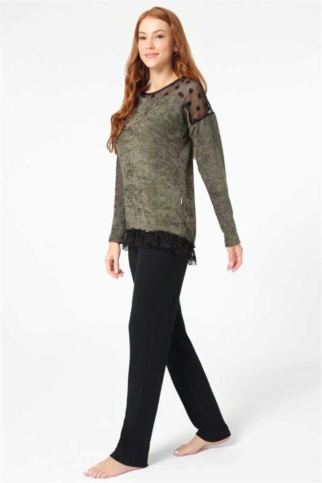 Anıl 9084 Uzun Kol Bisiklet Yaka Polyester Elastan düz Kışlık Örme Normal Bel Transparan Tül Detaylı Pijama Takımı