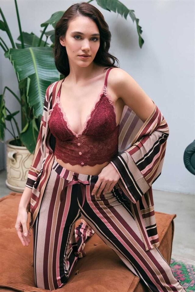 Kadın Viskon Çizgili Sabahlık Balensiz Desteksiz Dolgusuz Dantelli Bralet Sütyen ve Pantolon Pijama 3'lü Takım (5660)