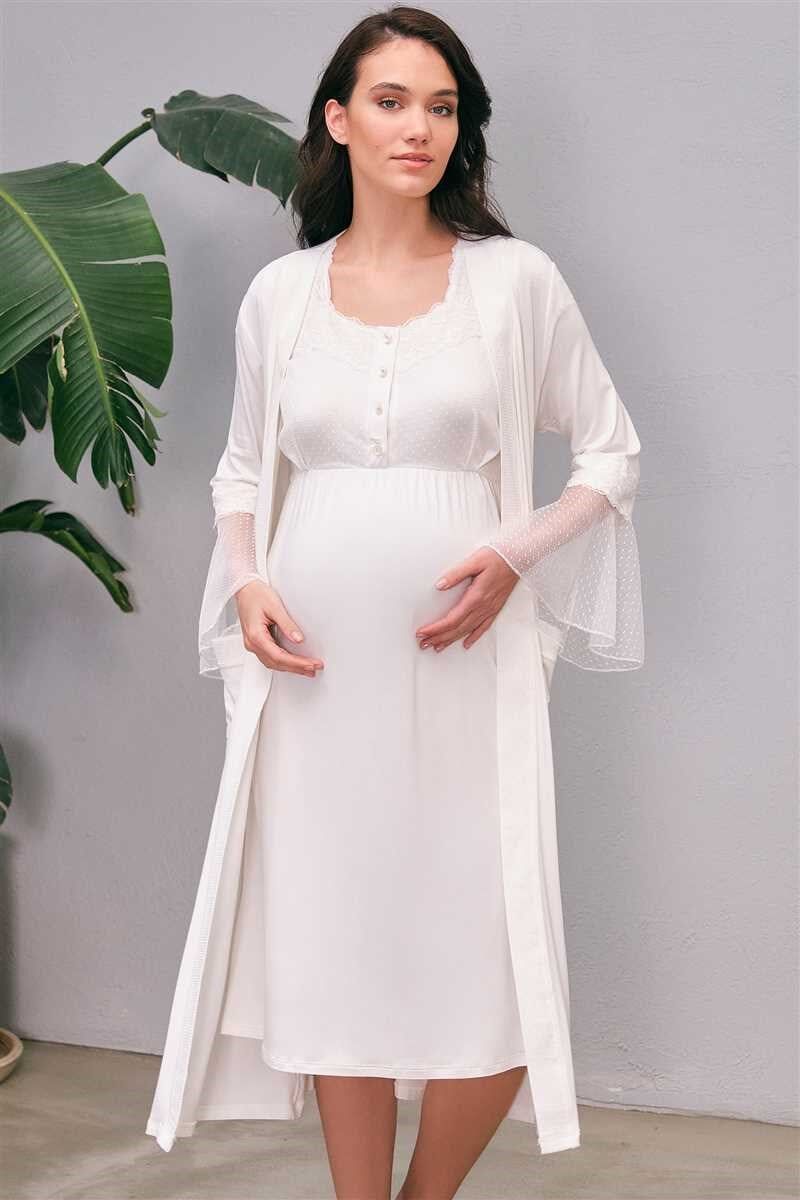 Kadın Viskon Hamile Lohusa Dantelli Sabahlık ve Baskılı Önden Açılan Emzirme Uzun Gecelik Elbise Takım (5649)