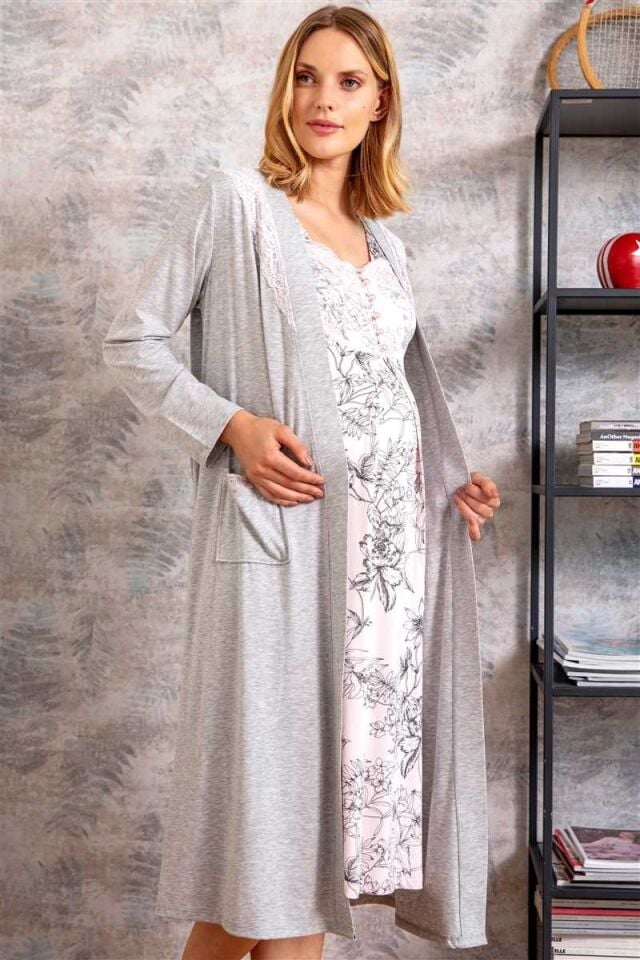 Kadın Viskon Hamile Lohusa Dantelli Sabahlık ve Çiçek Baskılı Önden Açılan Emzirme Uzun Gecelik Elbise Takım (5544)