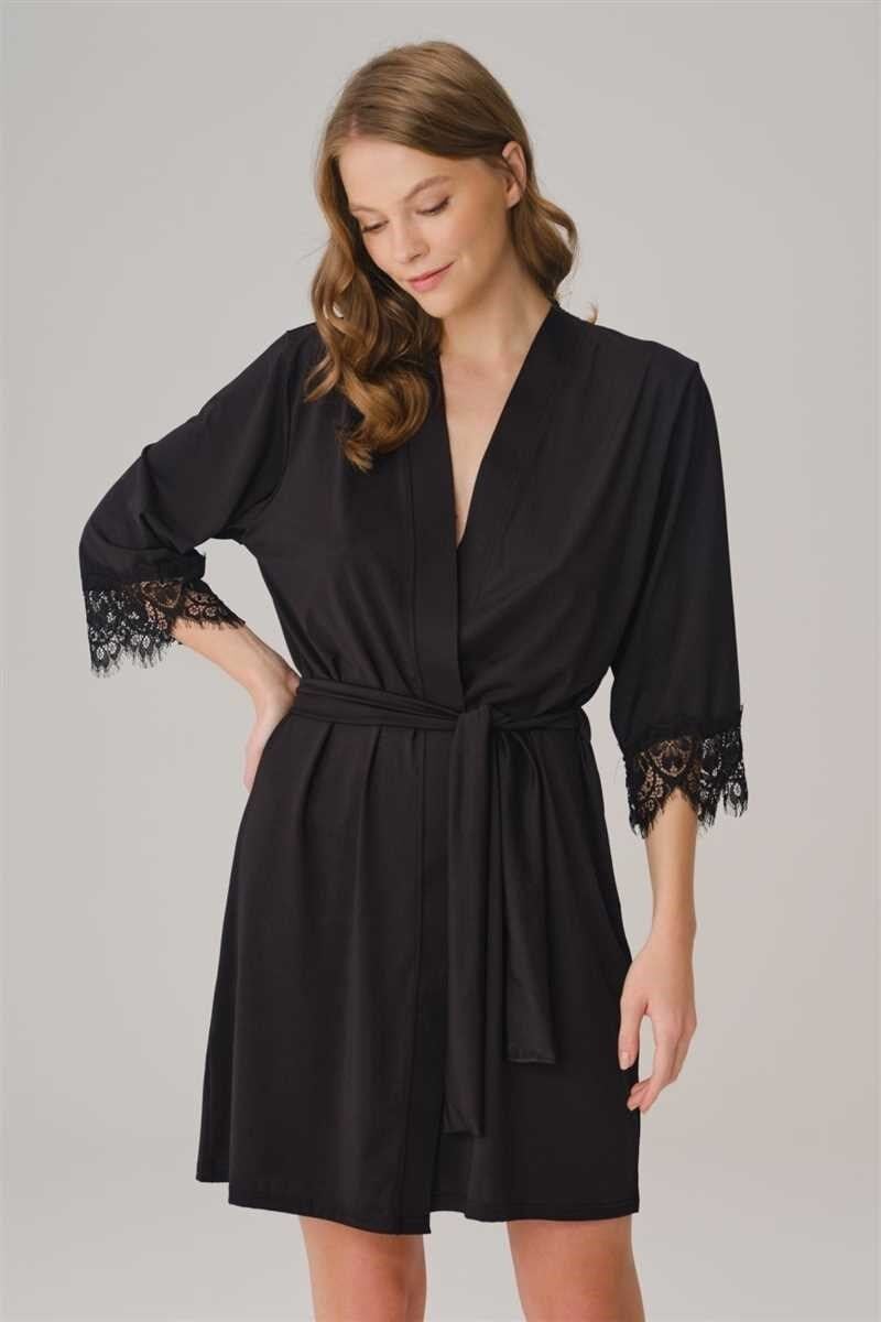 Kısa Yarım Kollu V Yaka Kadın Düz Yazlık KISA Dantel Detaylı Sabahlık Anıl 5782