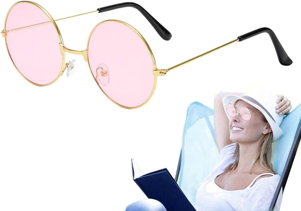 Yuvarlak Cam John Lennon Tarzı Gold Pembe Gözlük