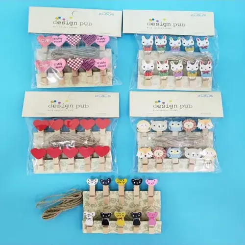 Şekilli Renkli Ahşap Mandal Seti (10'lu Paket)