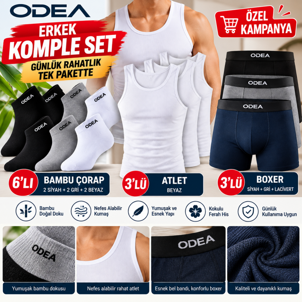 ODEA Erkek Kombin Seti 6'lı Bambu Çorap + 3'lü Atlet + 3'lü Boxer | Avantajlı Kampanya Paketi