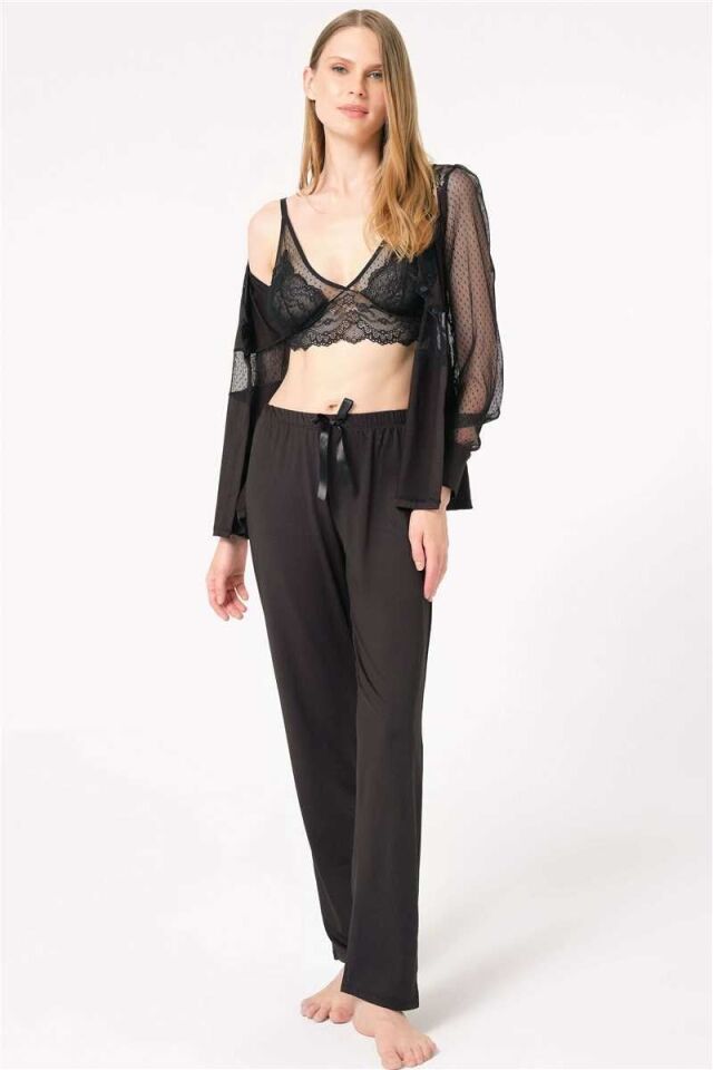 Kadın Dantelli Gömlek Balensiz Desteksiz Dolgusuz Bralet Sütyen ve Pantolon Pijama 3'lü Takım (4798)