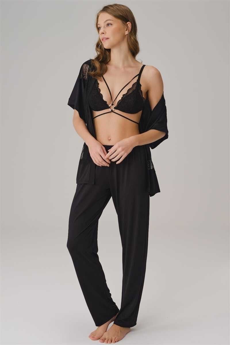 İp Askılı V Yaka Kadın Düz Yazlık Uzun Dantel Detaylı Pijama Takımı Sabahlık Anıl 5779