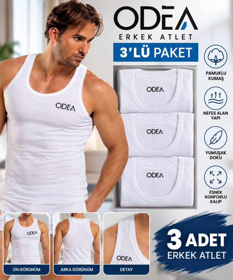 ODEA Erkek Atlet 3'lü Paket Siyah Pamuklu Görünümlü Günlük İç Giyim Rahat Kesim