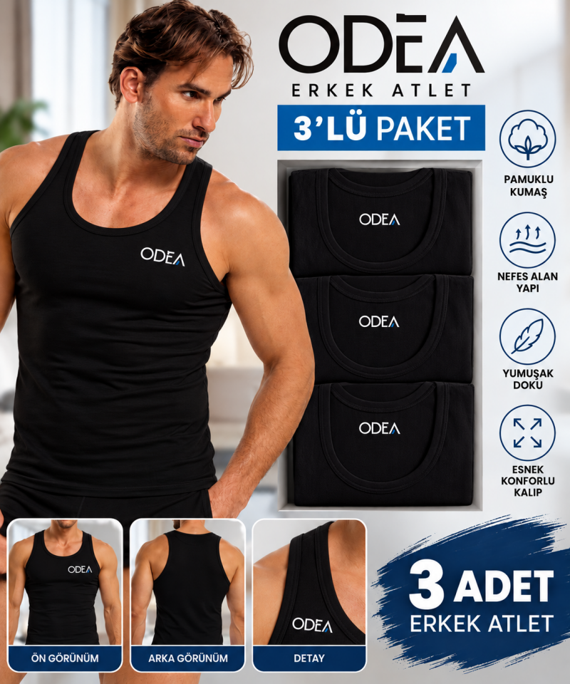 ODEA Erkek Atlet 3'lü Paket Siyah Pamuklu Görünümlü Günlük İç Giyim Rahat Kesim