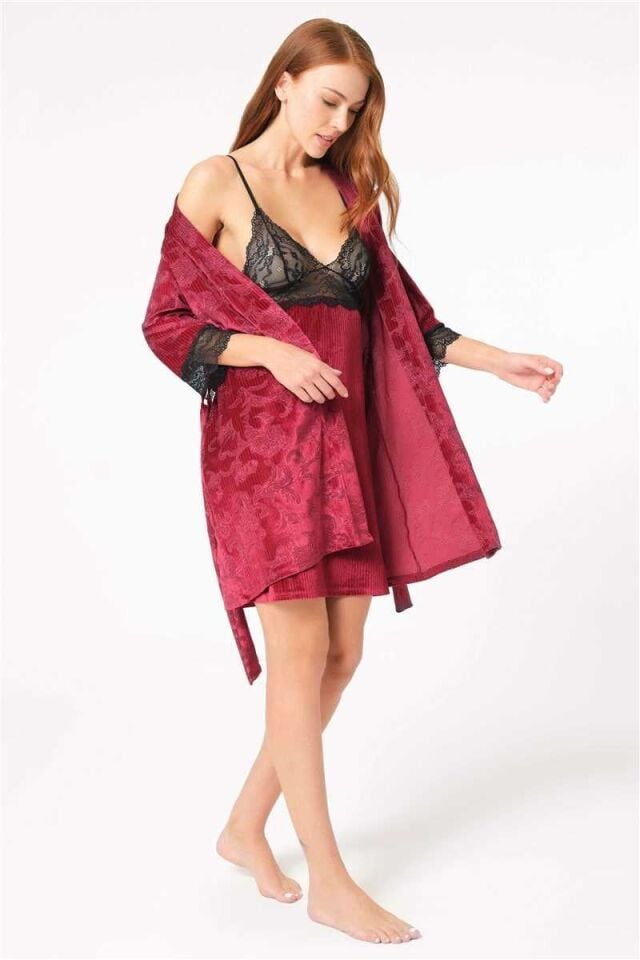 Kadın Fitilli Kadife Çiçek Desenli Dantelli Sabahlık ve Kısa Gecelik Takım (5631)