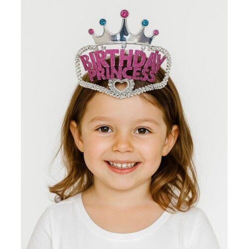 Gümüş Renk Taç Üzeri Pembe Birthday Prenses Yazılı Çocuk Parti Tacı