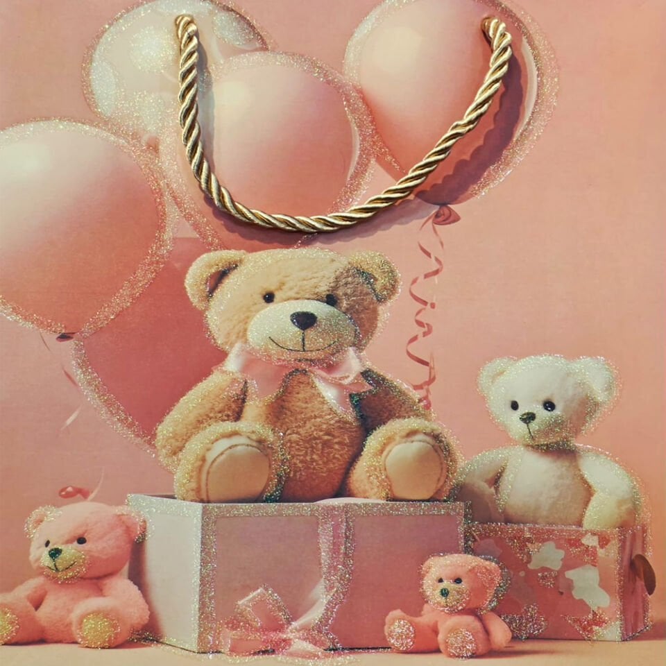 Ayıcık Desenli Pembe Büyük Boy Karton Hediye Çantası