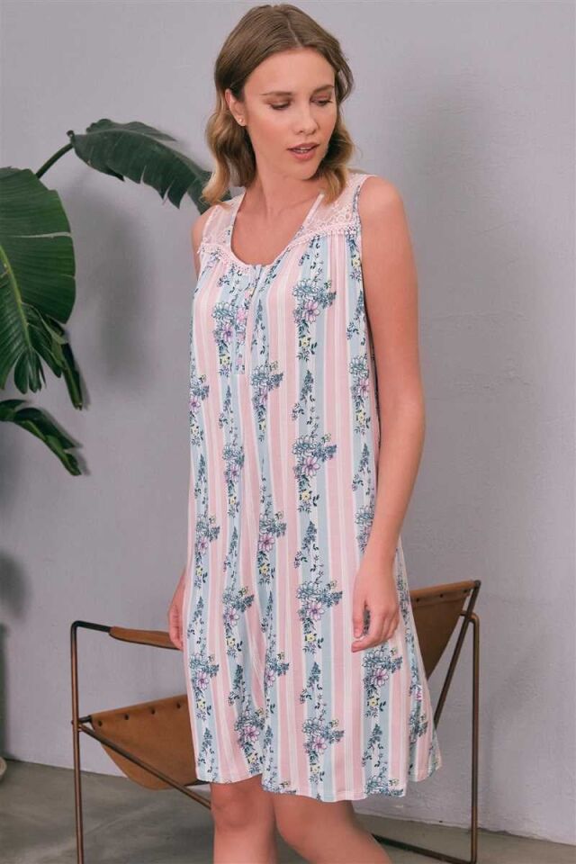 Kadın Viskon Hamile Lohusa Çiçek Baskılı Önden Açılan Emzirme Dantelli Kısa Gecelik (5650)