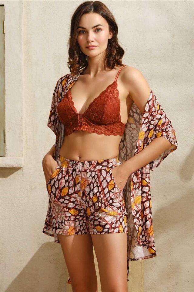 İp Askılı V Yaka Kadın Pamuklu Geometrik Yazlık Mini Dantel Detaylı Şort Sabahlık Anıl 5759